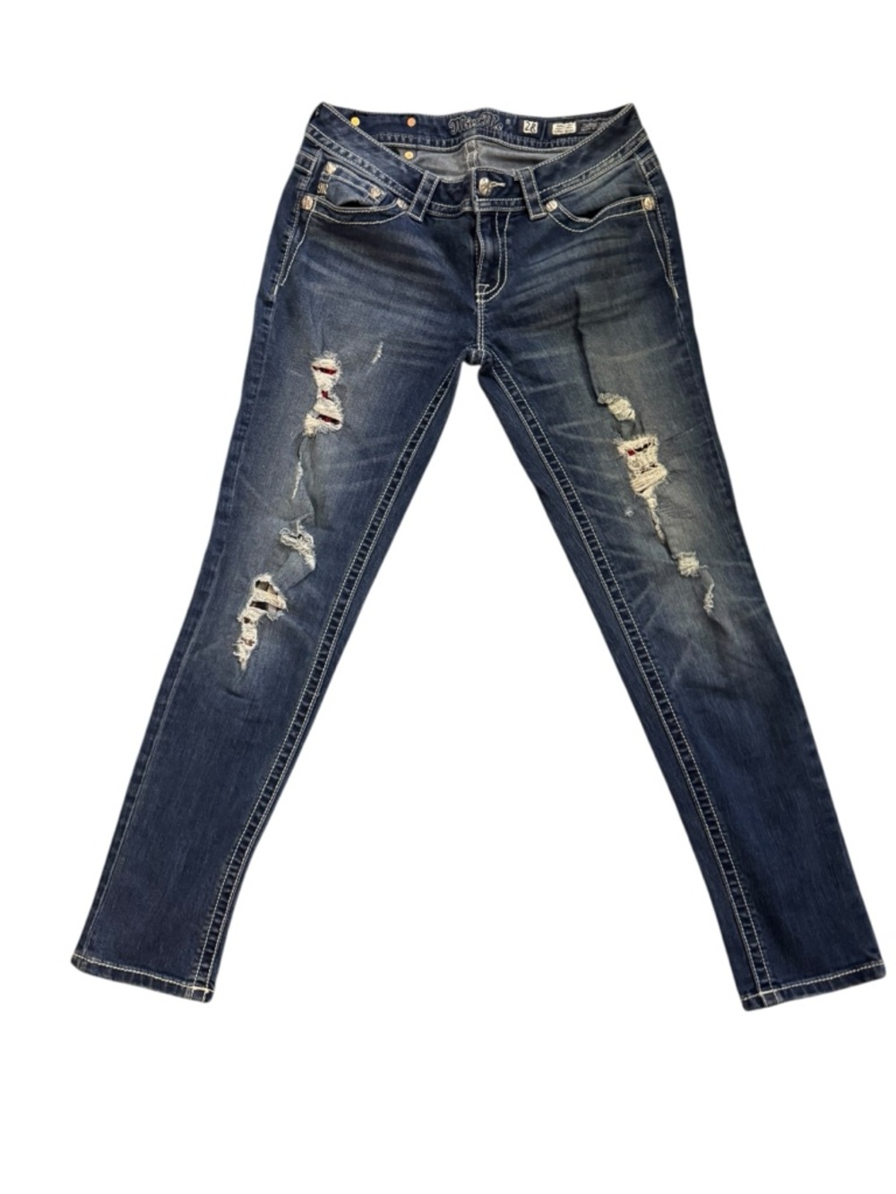 Miss Me Jeans Womens 28 Blue Signature Cuffed Skinny Distressed Embellished Norm